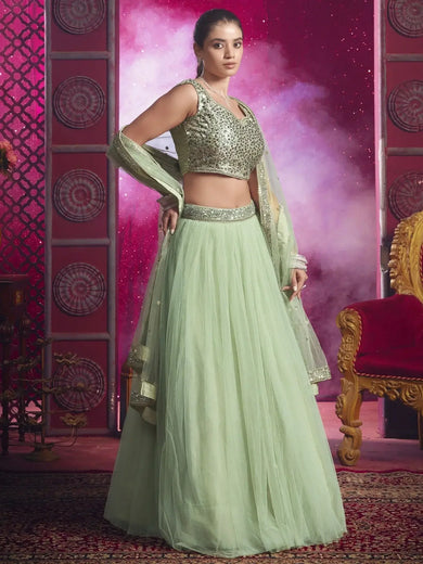 Beautiful Light Pista Sequins Net Engagement Wear Lehenga Choli - Ethnic Plus In